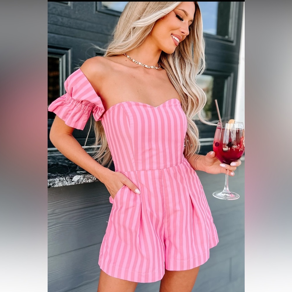 NanaMacs Pink Striped Off-Shoulder Romper Shorts